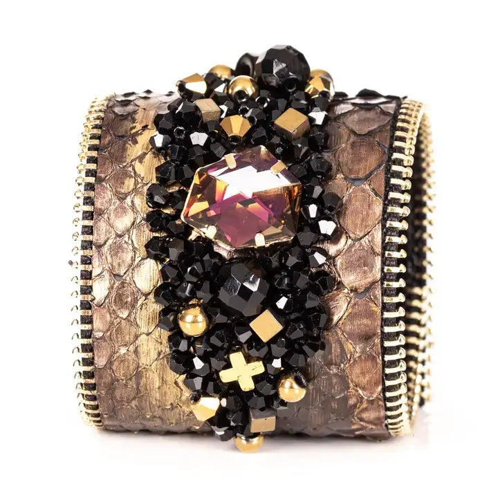 Women’s Statement Gold & Black Beaded Leather Cuff Bracelet: M 19 cm