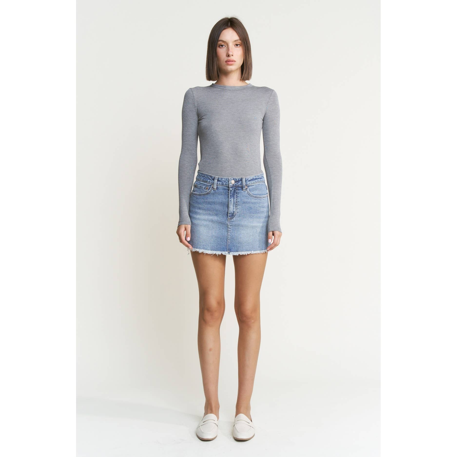 Denim Mini Skirt with Raw Hem: Cyan-Light Blue