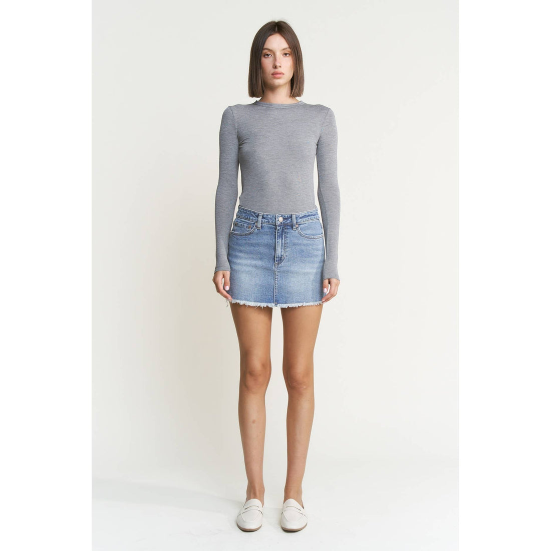 Denim Mini Skirt with Raw Hem: Cyan-Light Blue