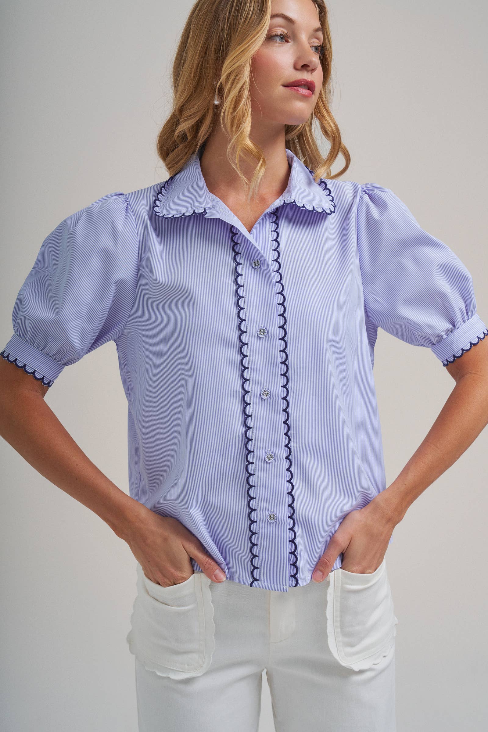 Pin Stripe Blouse Top With Scallop Edge Stitching Detail