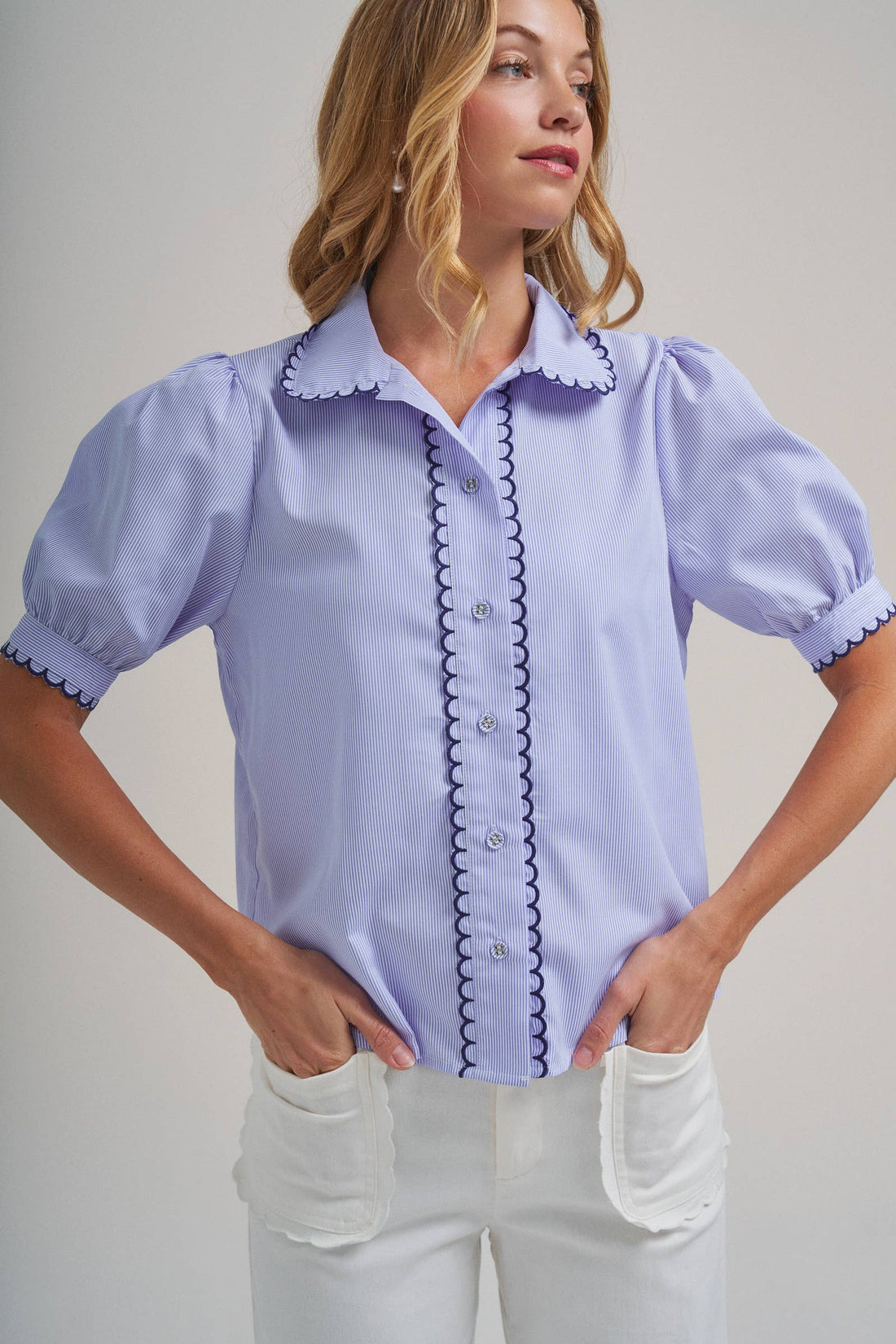 Pin Stripe Blouse Top With Scallop Edge Stitching Detail