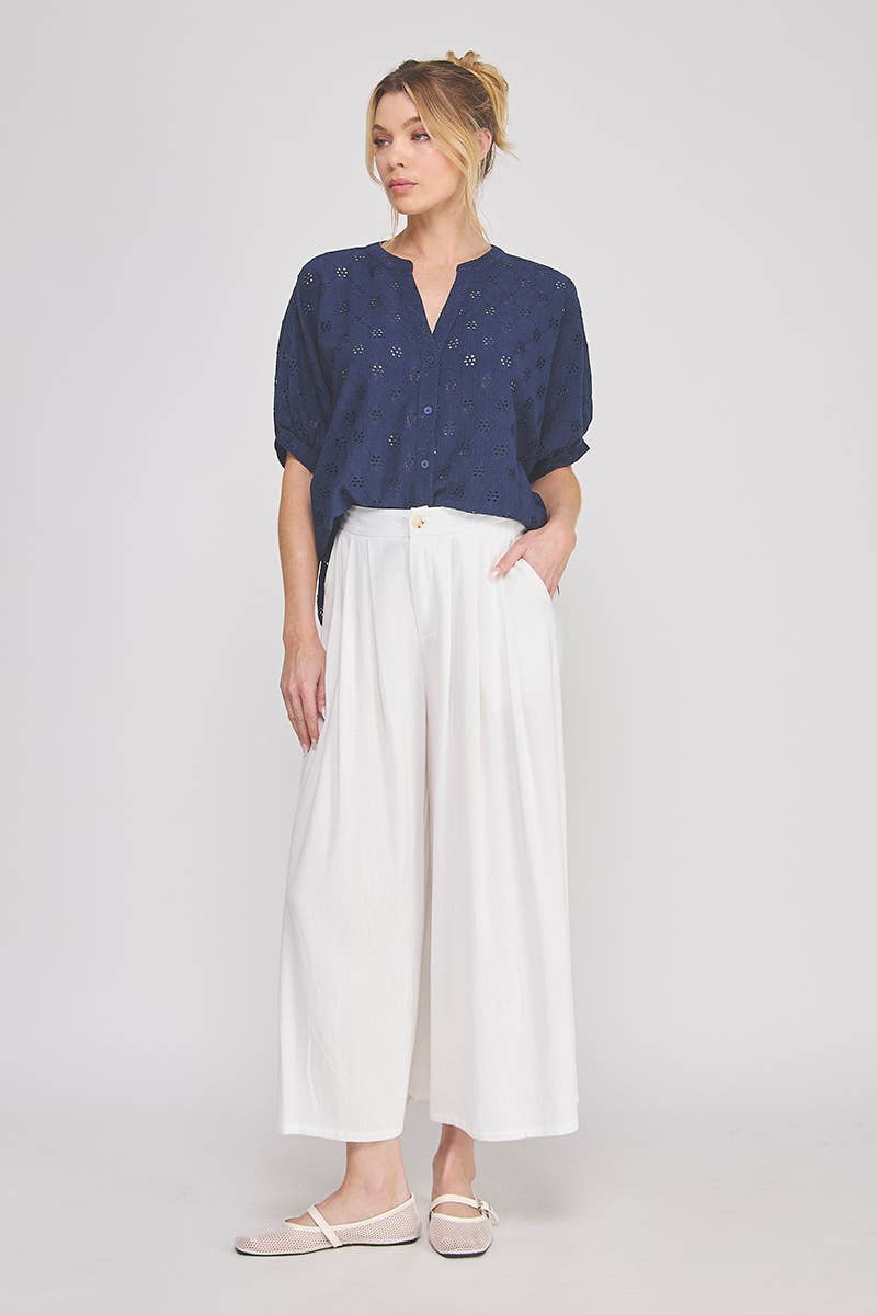 Knit eyelet mandarin button front elbow sleeve dolman: Navy