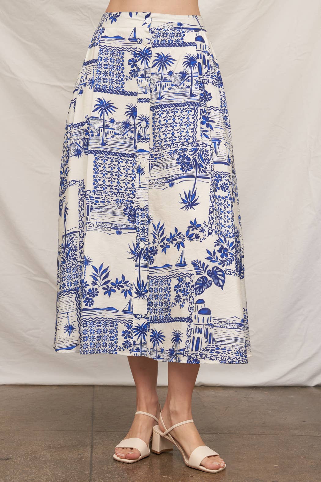 Printed Button Down Midi Skirt : White Blue