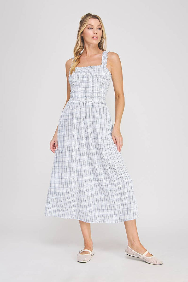 Plaid Print Smocked Midi Dress: BLUE