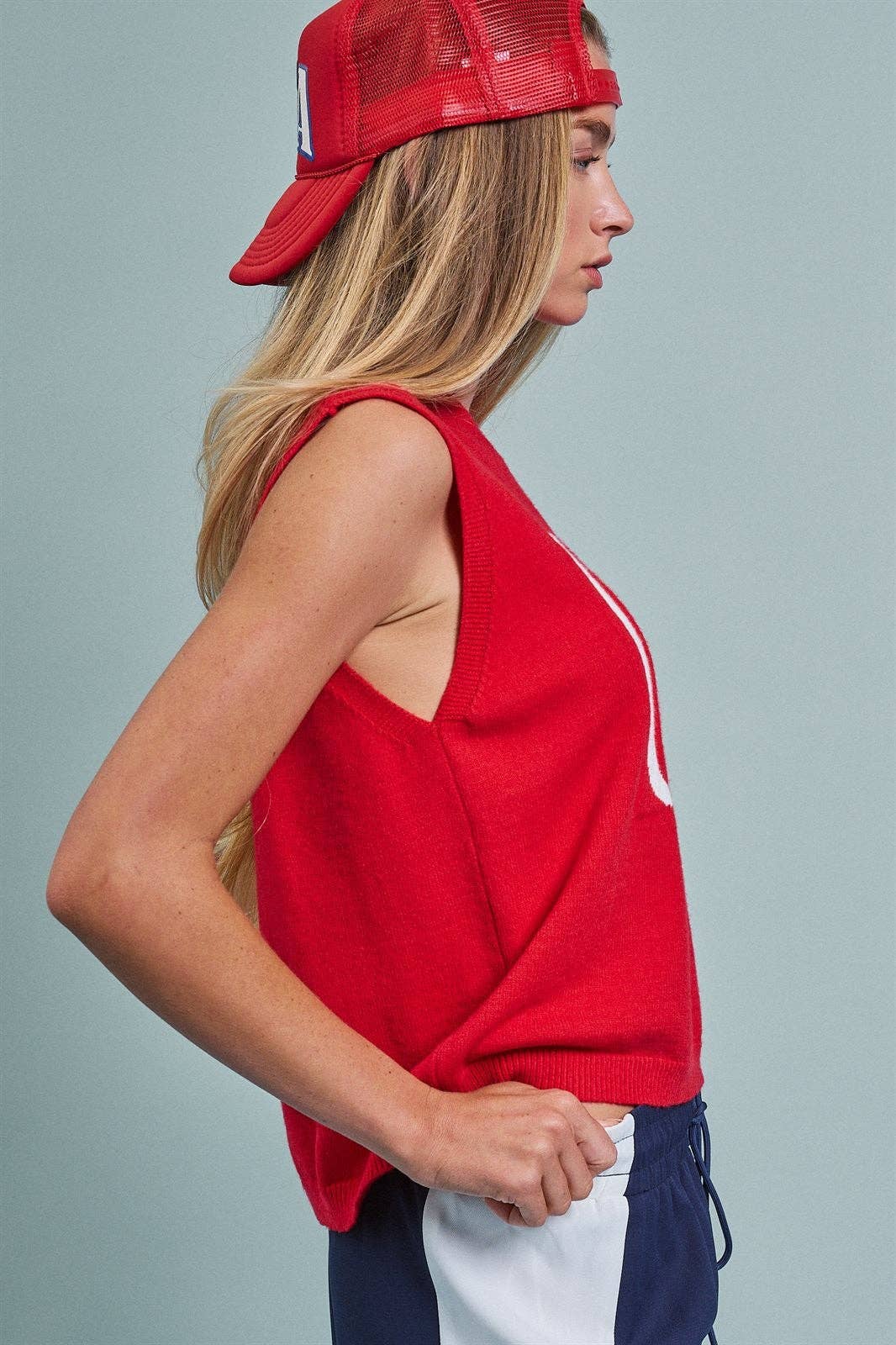 USA Graphic Knit Sleeveless Tank Top: Red
