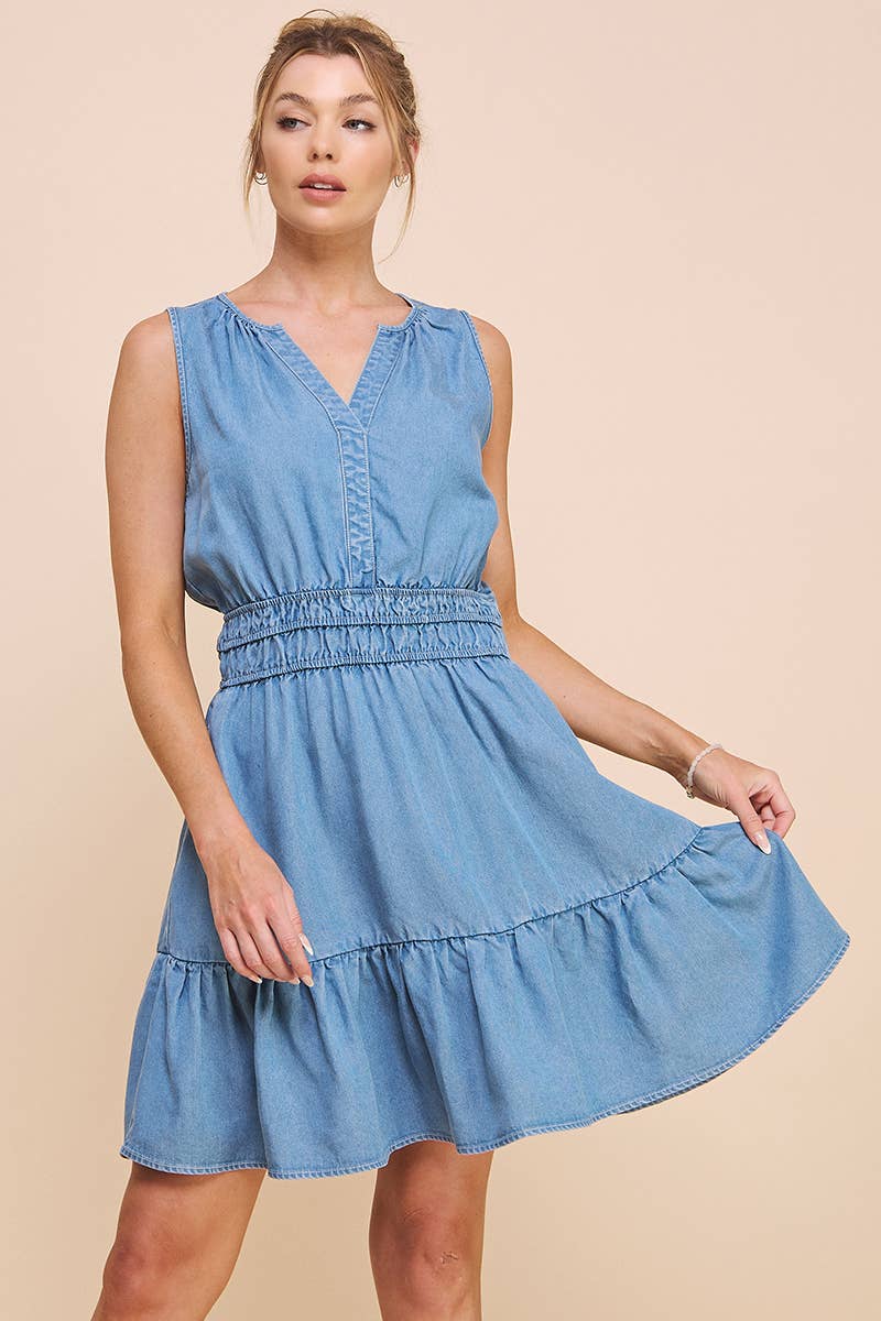 Washed Chambray Peplum Dress: Medium Wash