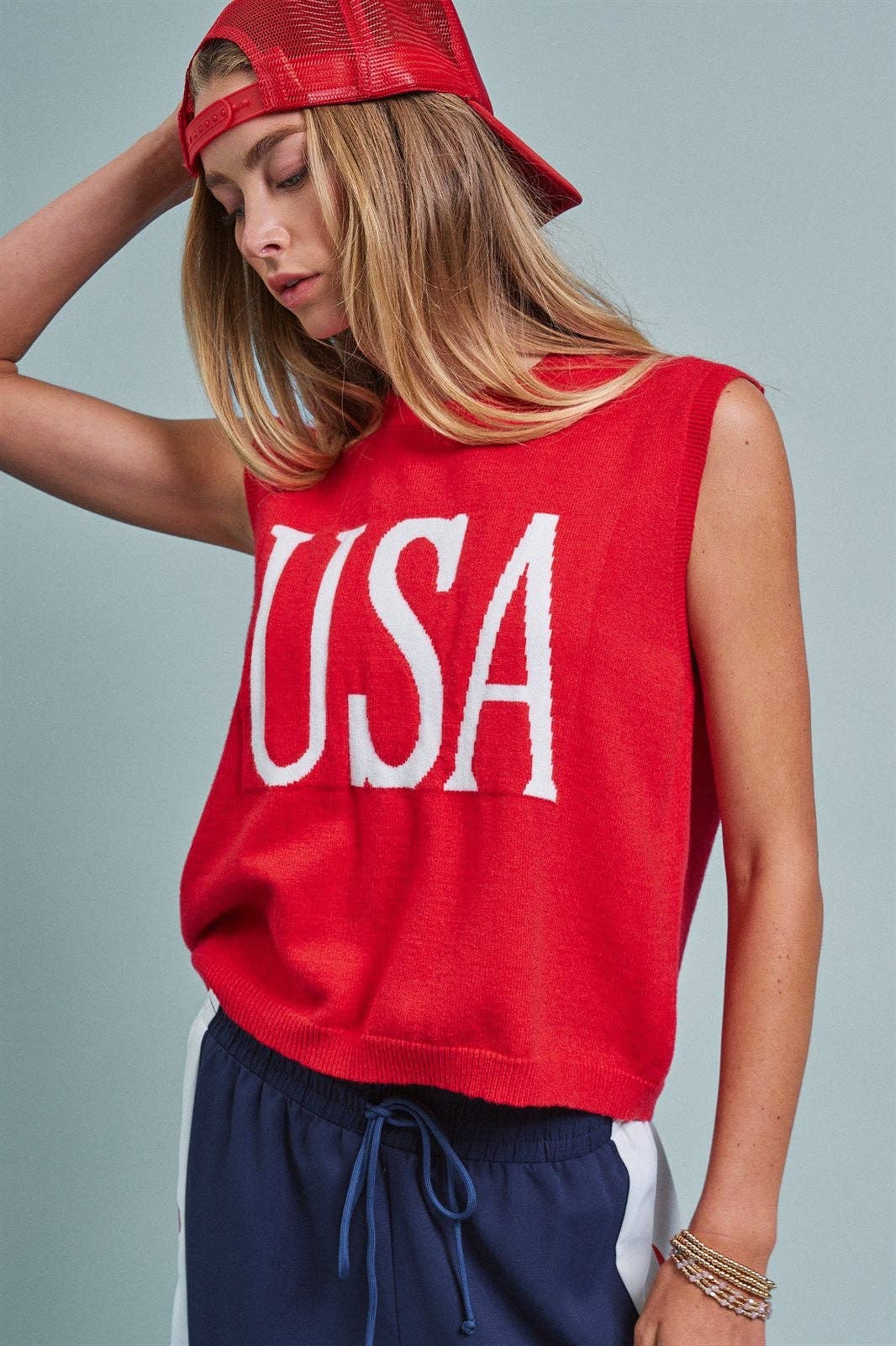 USA Graphic Knit Sleeveless Tank Top: Red