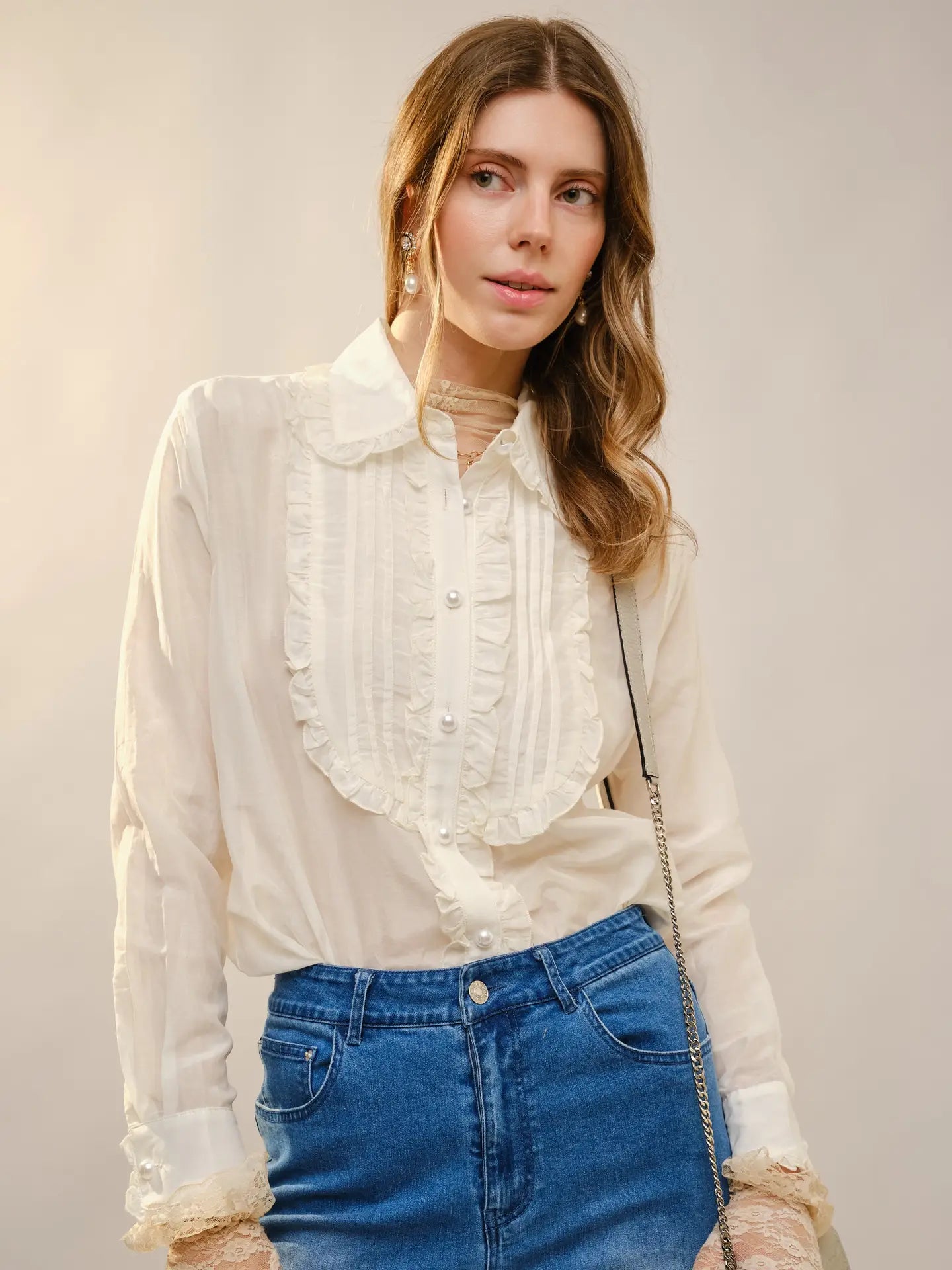 Ruffle Pleated Pearl Button Blouse