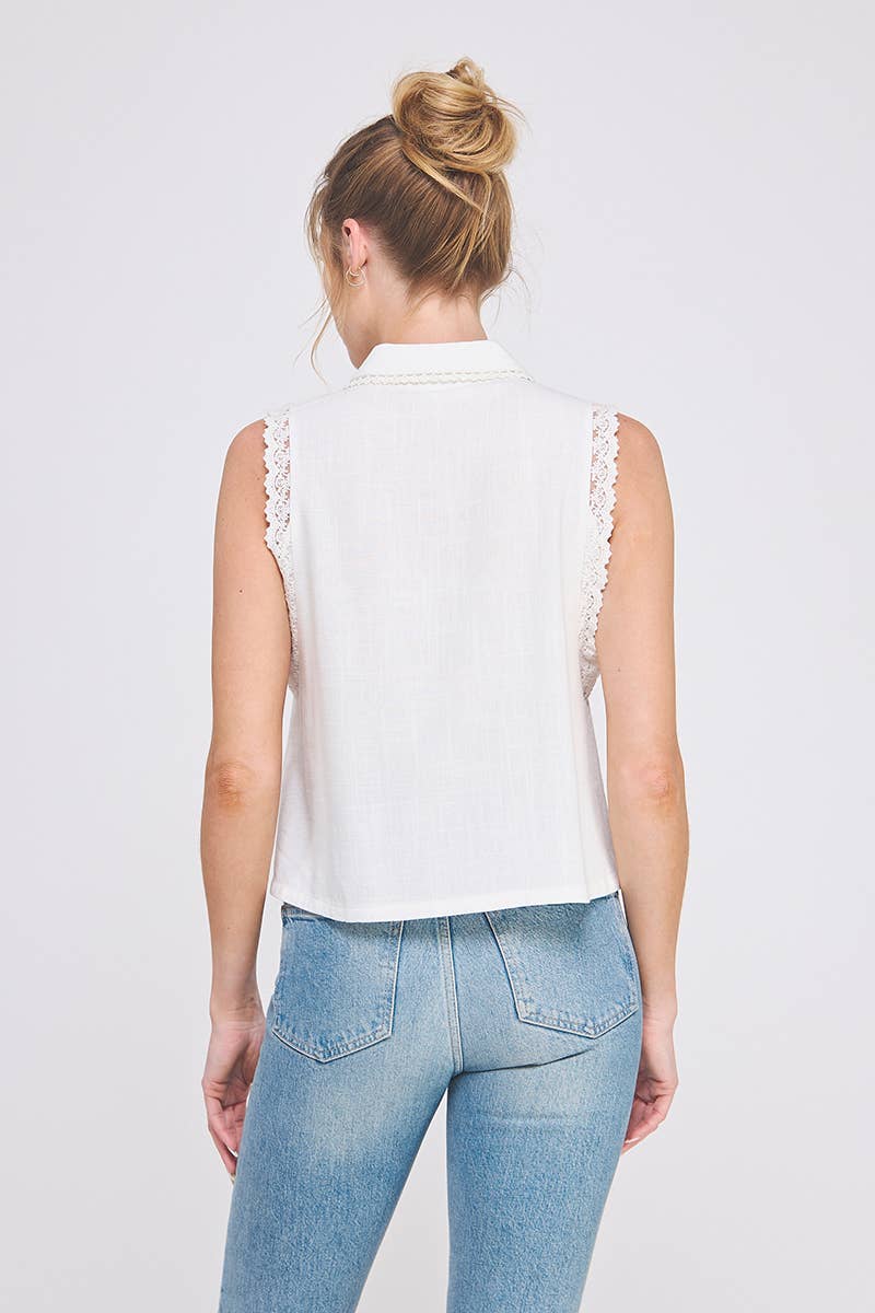 Soft Linen Pintuck Sleeveless Collared Shirt : Natural