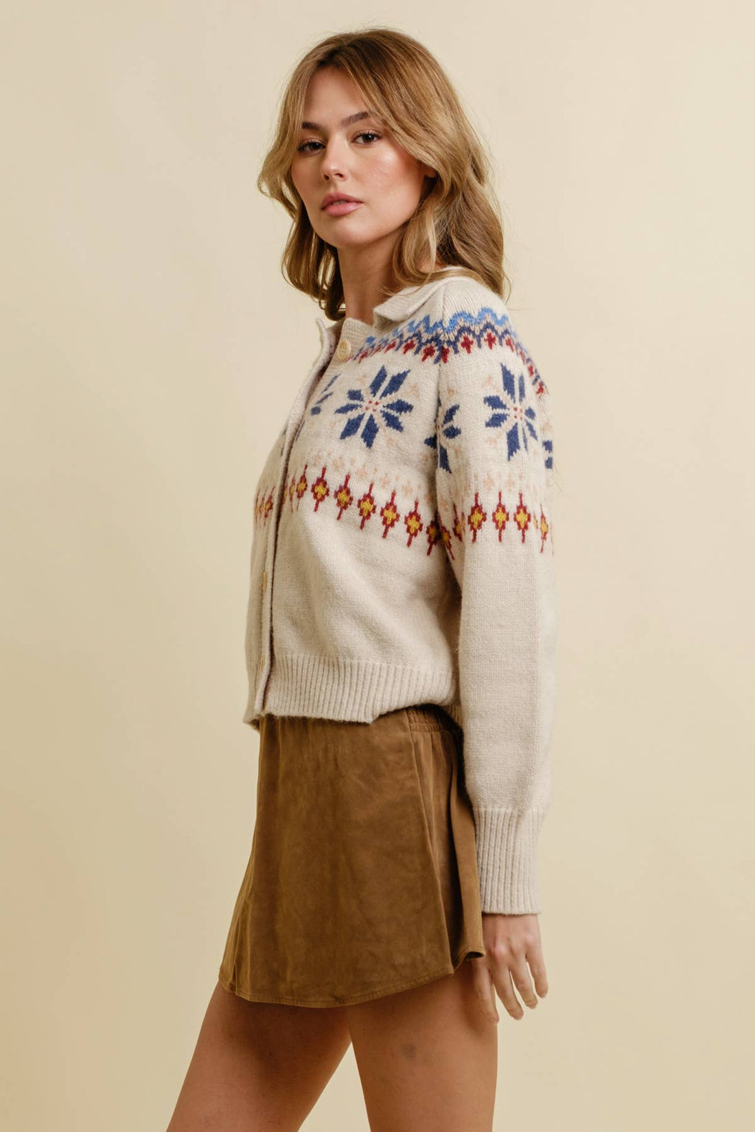 SNOWFLAKE BUTTON UP SWEATER