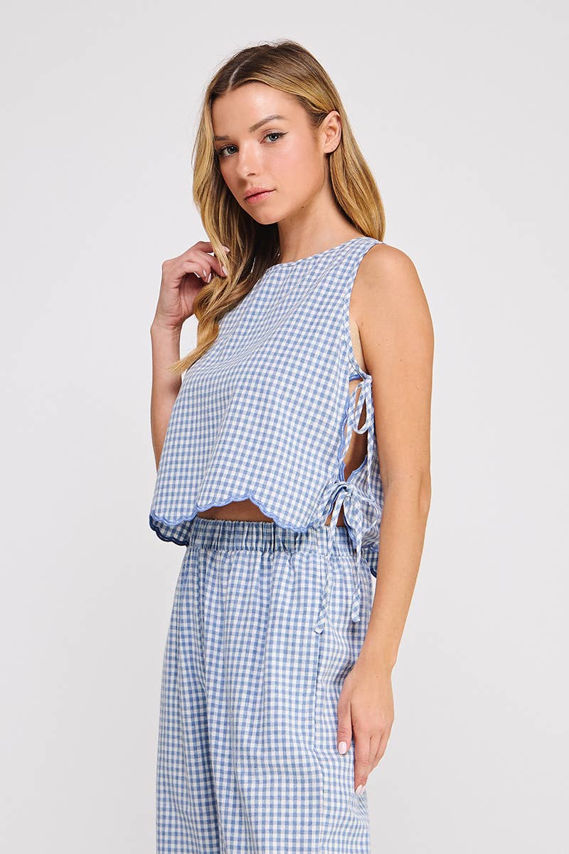 Woven Gingham Tank with Scallop Edges and Side Ties: Blue