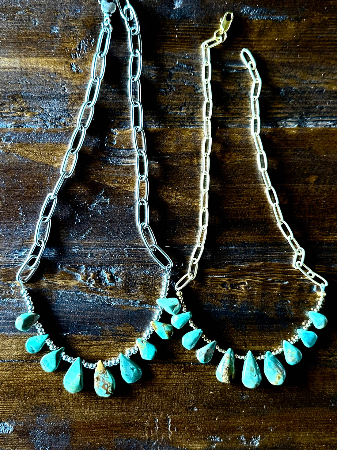 Natural turquoise Briolette Paperclip Chain Necklace/Choker: Silver