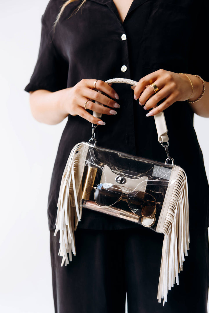 Clear Fringe Crossbody Handbag: Taupe