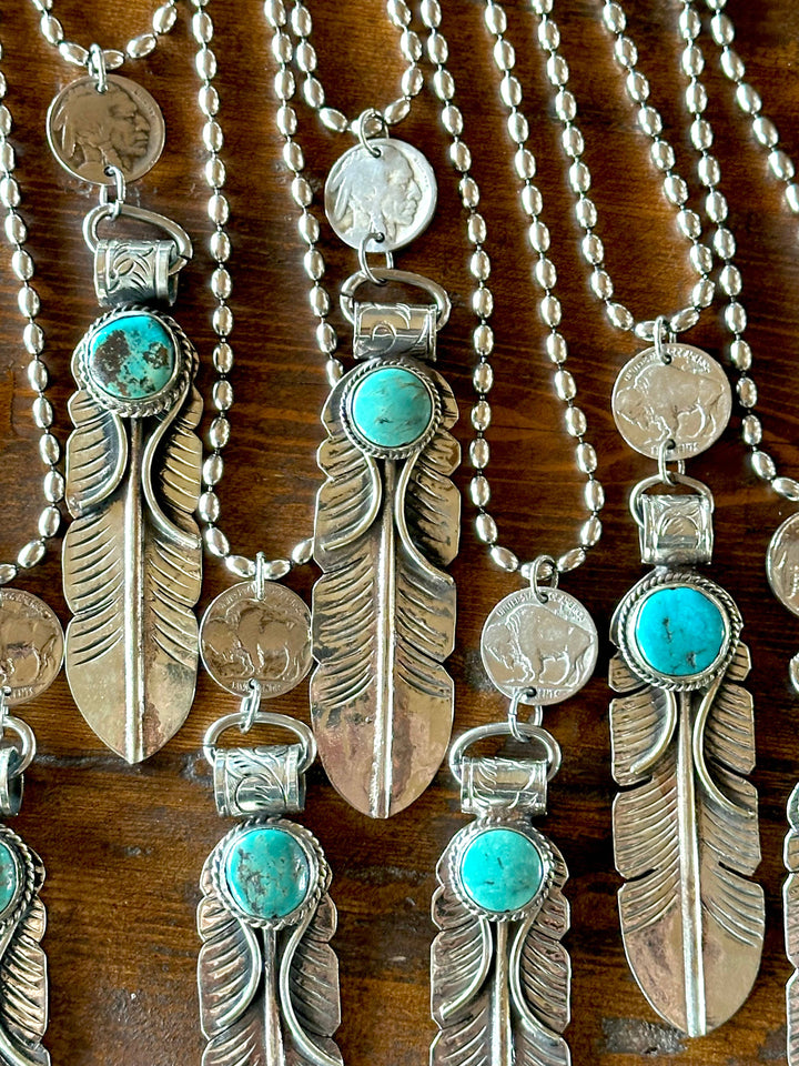 Feather Necklace, Silver Feather, Turquoise, Buffalo Nickel