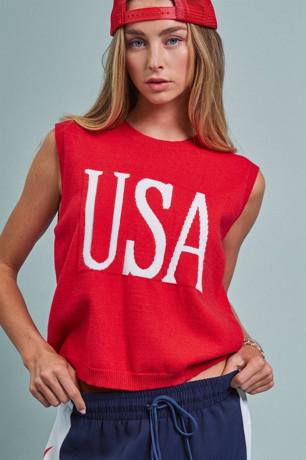 USA Graphic Knit Sleeveless Tank Top: Red
