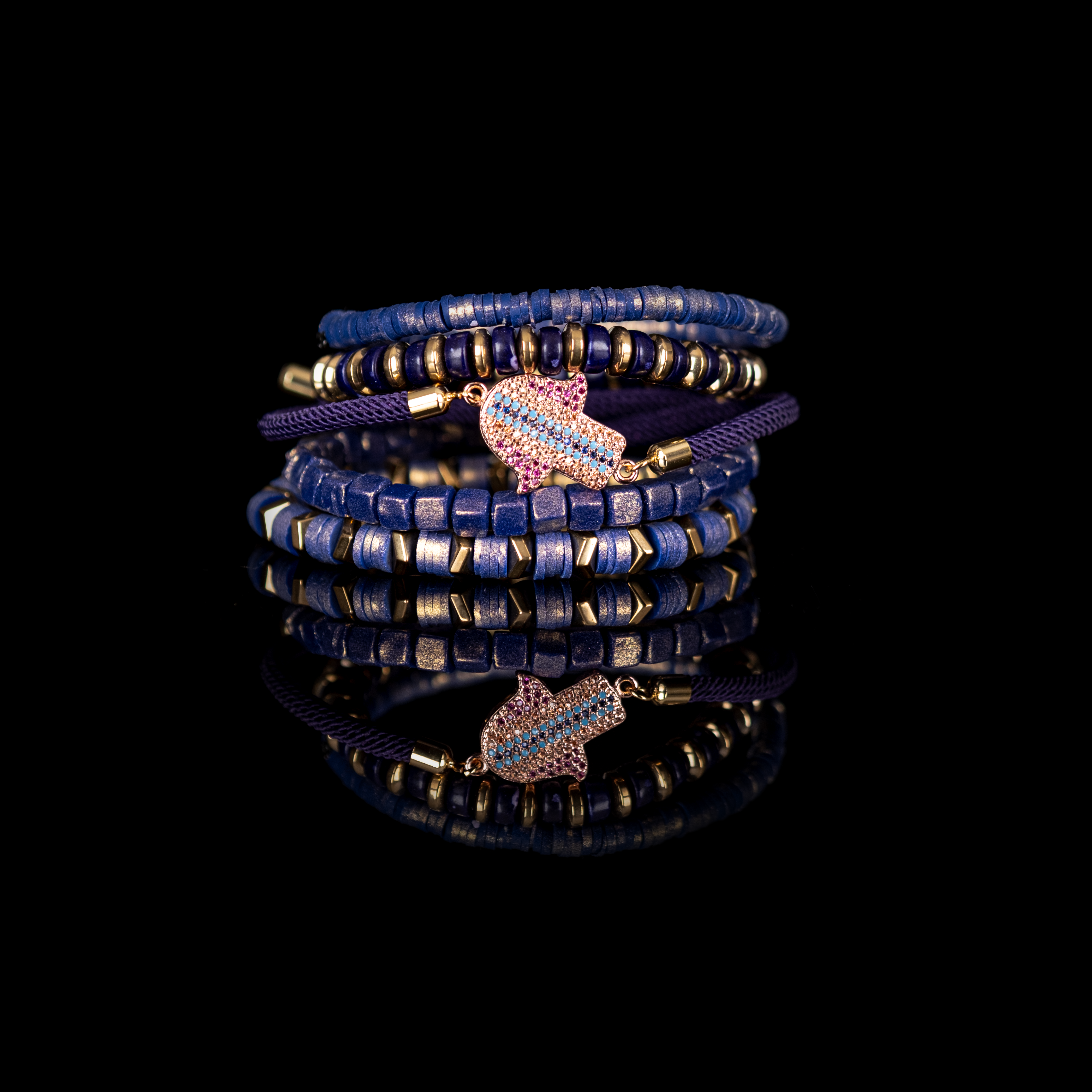 Blue Hamsa Charm Stack Bracelet: Medium 19 cm