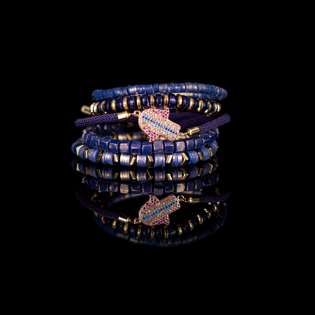 Blue Hamsa Charm Stack Bracelet: Medium 19 cm