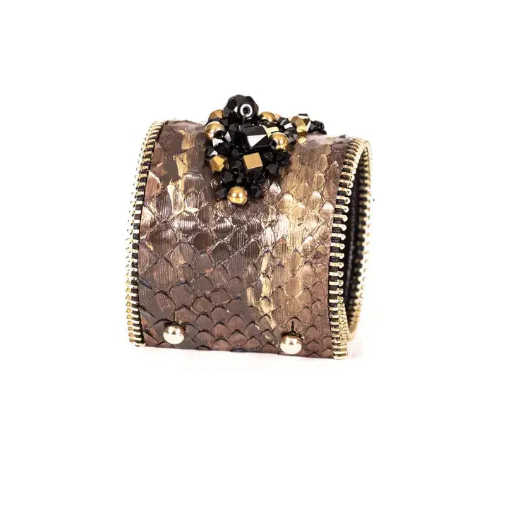 Women’s Statement Gold & Black Beaded Leather Cuff Bracelet: M 19 cm