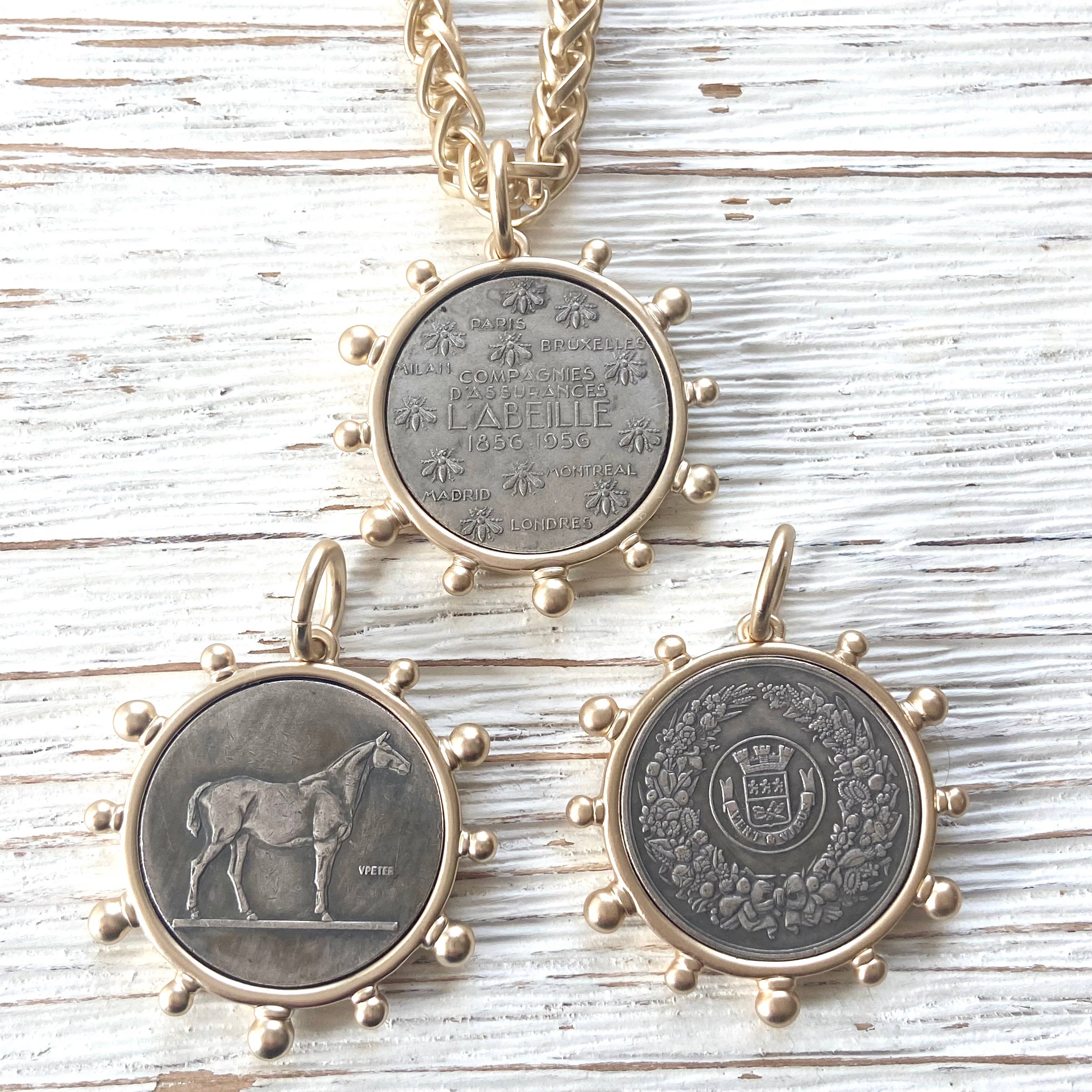 Gold Horse French Bee Coin Necklace