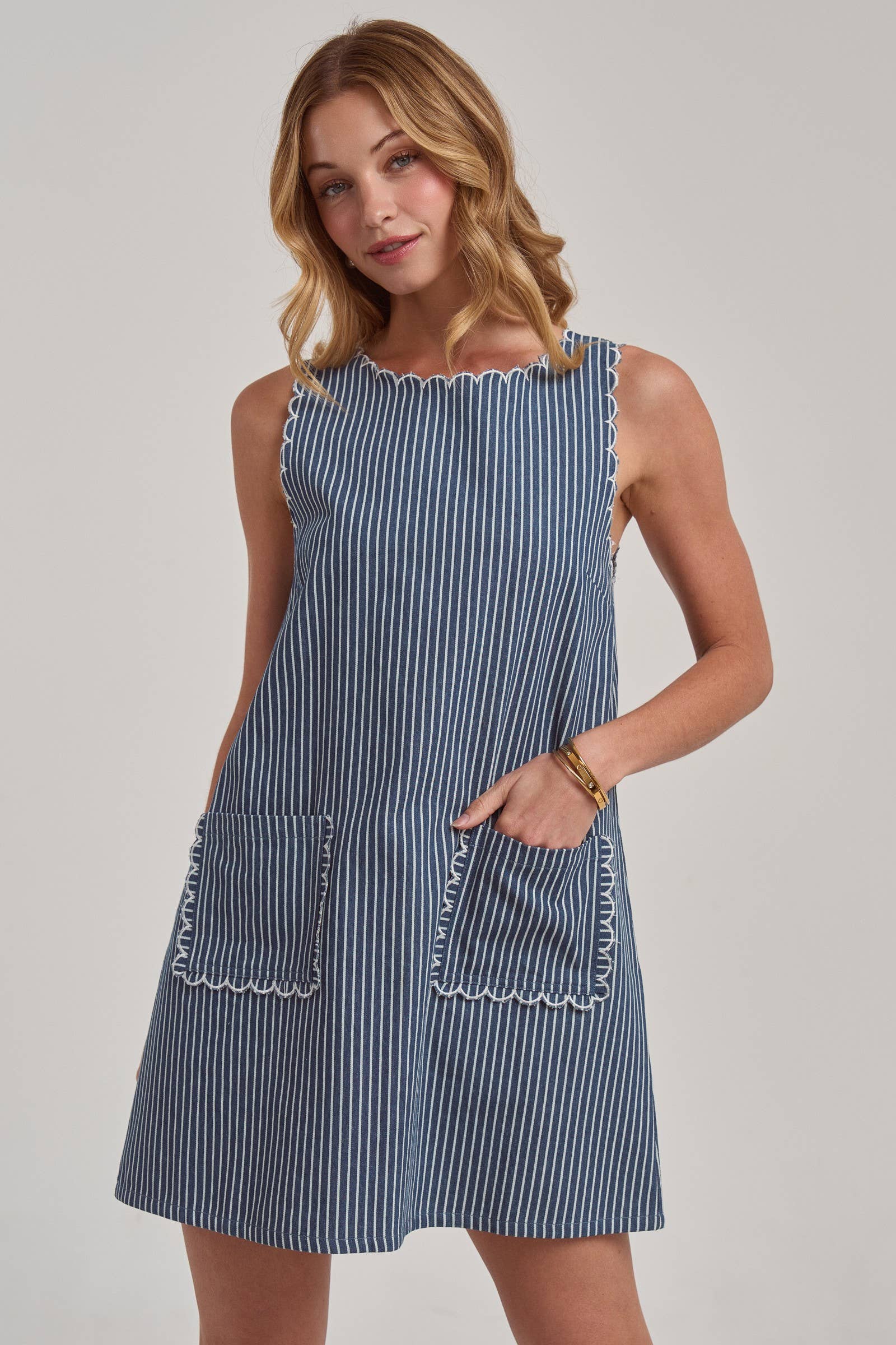 Sleeveless Stripe Denim Mini Dress With Scalloped Embroidery