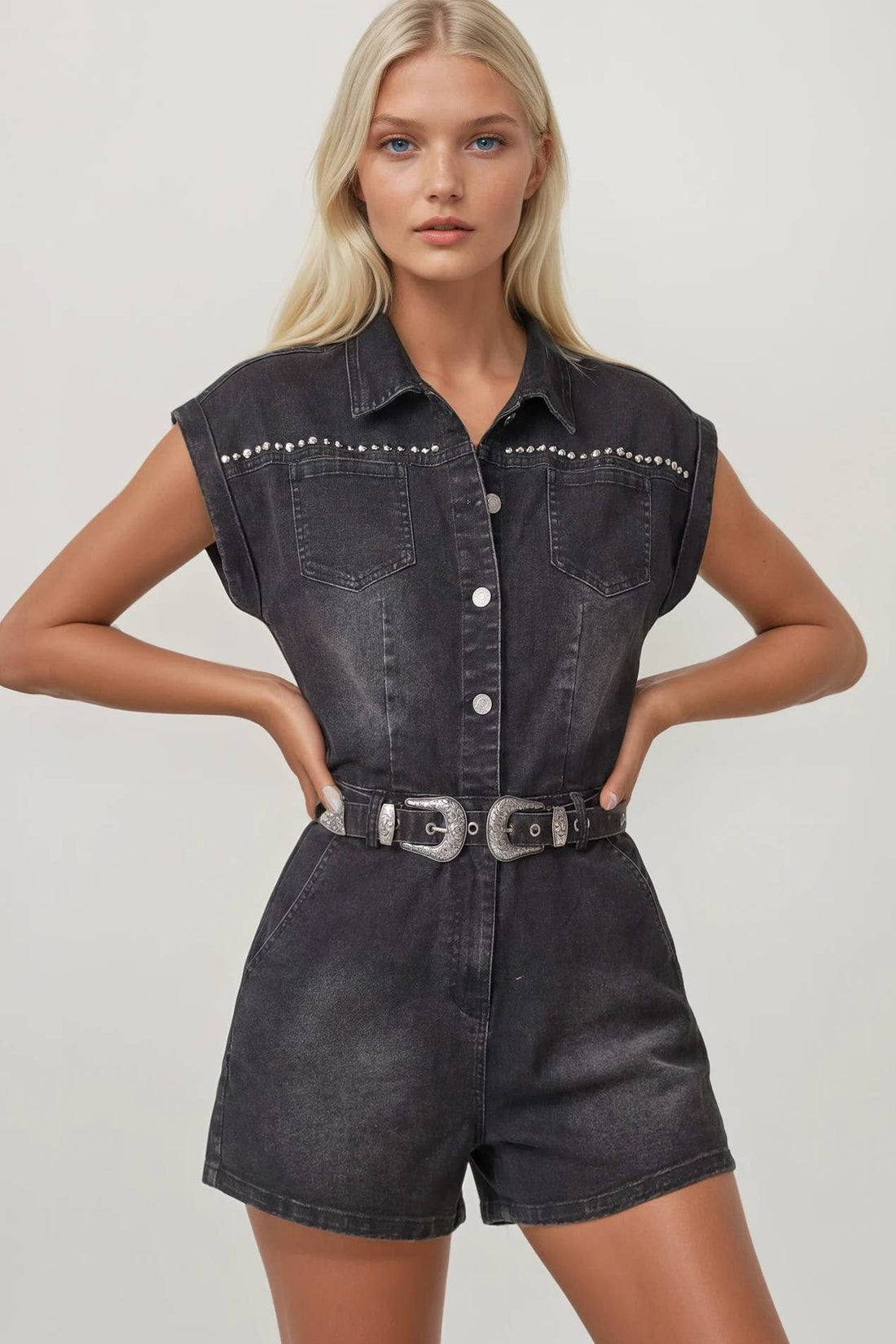 Embroidered Belted Denim Romper: Mid Denim/Red