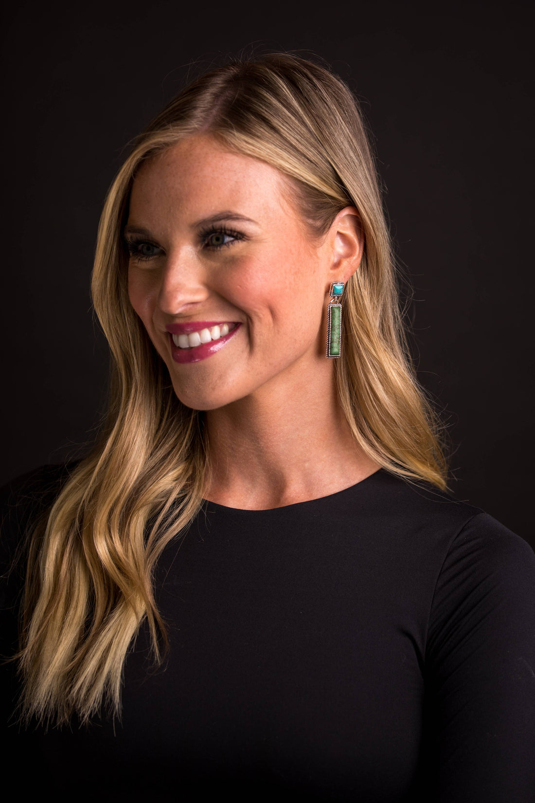 2" Green Bar Earring On Turquoise Square Post