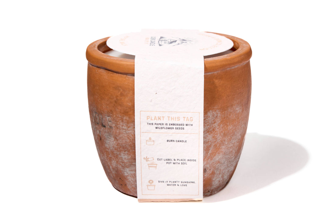 12 oz Plant Pot Scented Candle, Terra cotta pot, Seed Label: Flourish