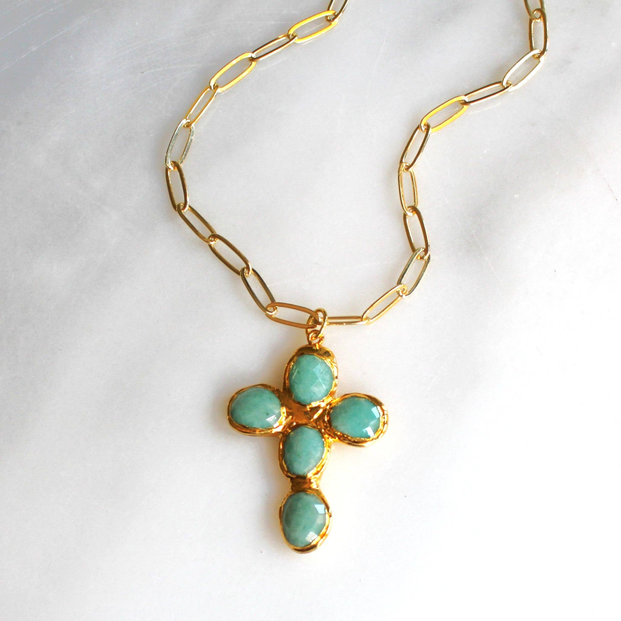 Amazonite Cross Medallion Necklace: 16 inch