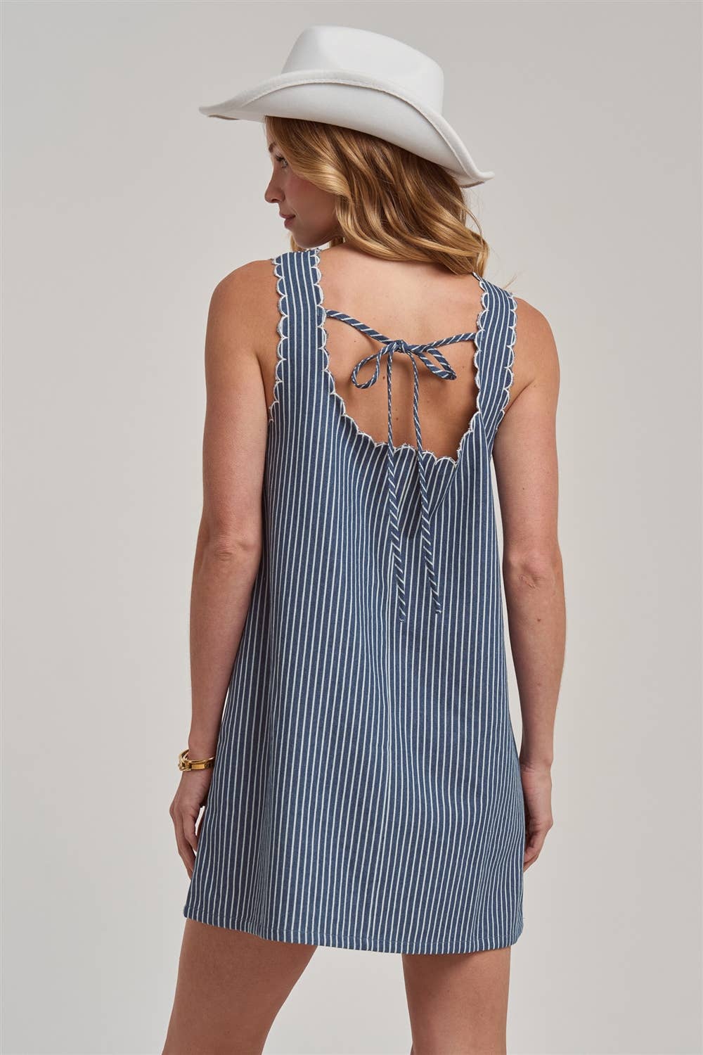 Sleeveless Stripe Denim Mini Dress With Scalloped Embroidery