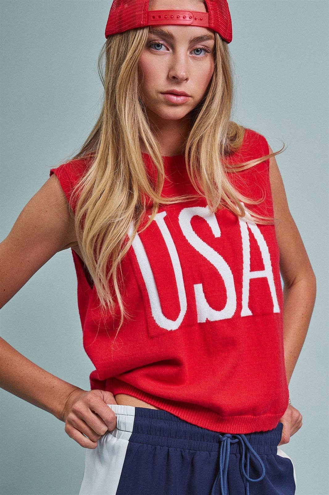 USA Graphic Knit Sleeveless Tank Top: Red