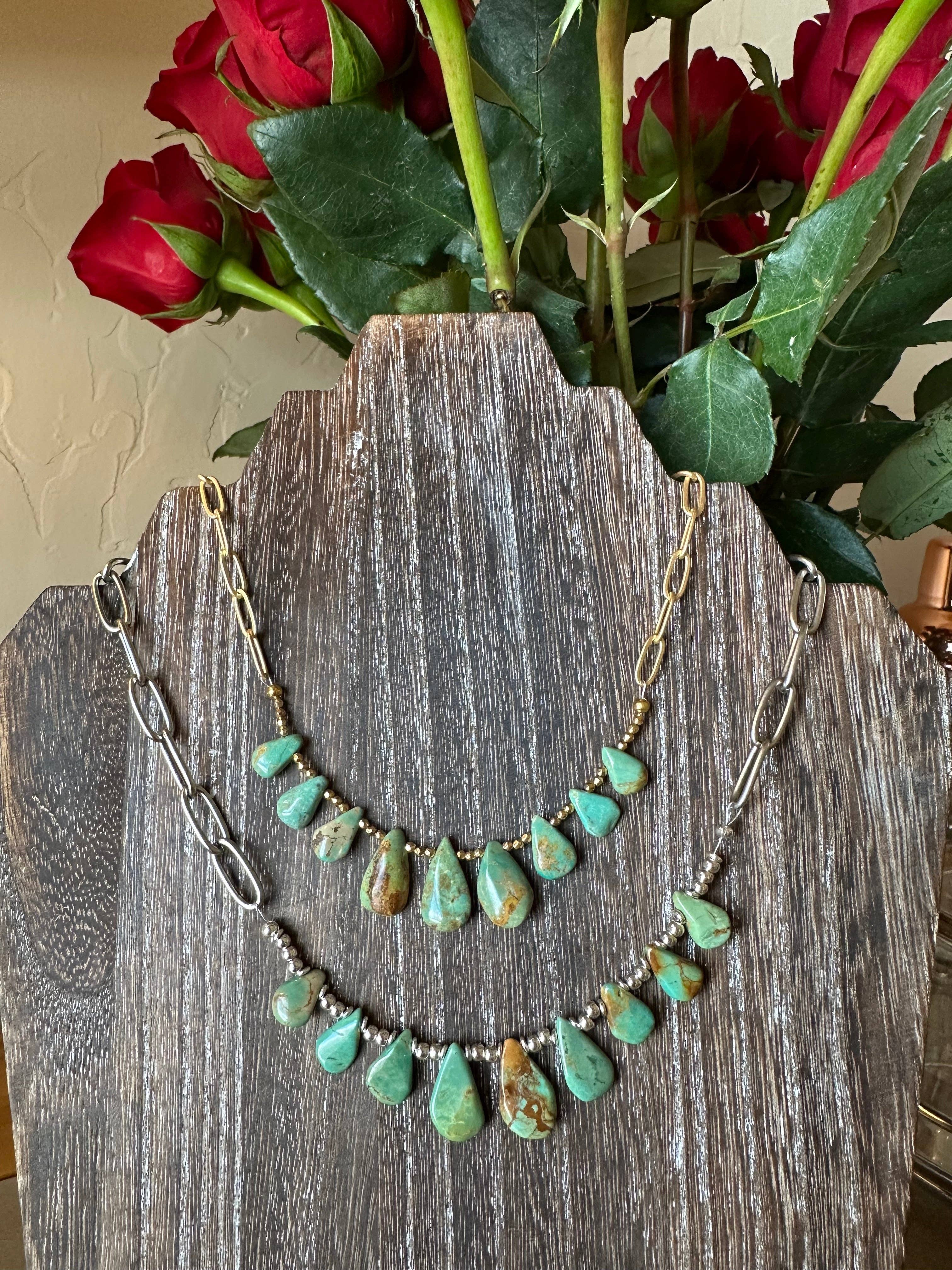 Natural turquoise Briolette Paperclip Chain Necklace/Choker: Silver