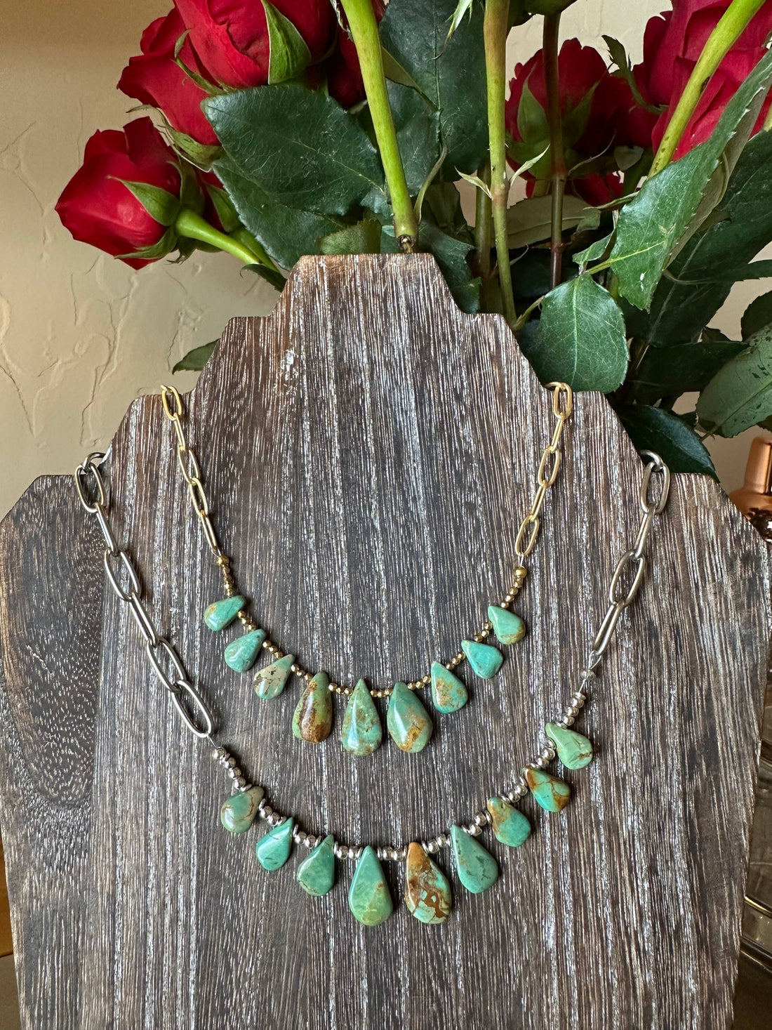 Natural turquoise Briolette Paperclip Chain Necklace/Choker: Silver