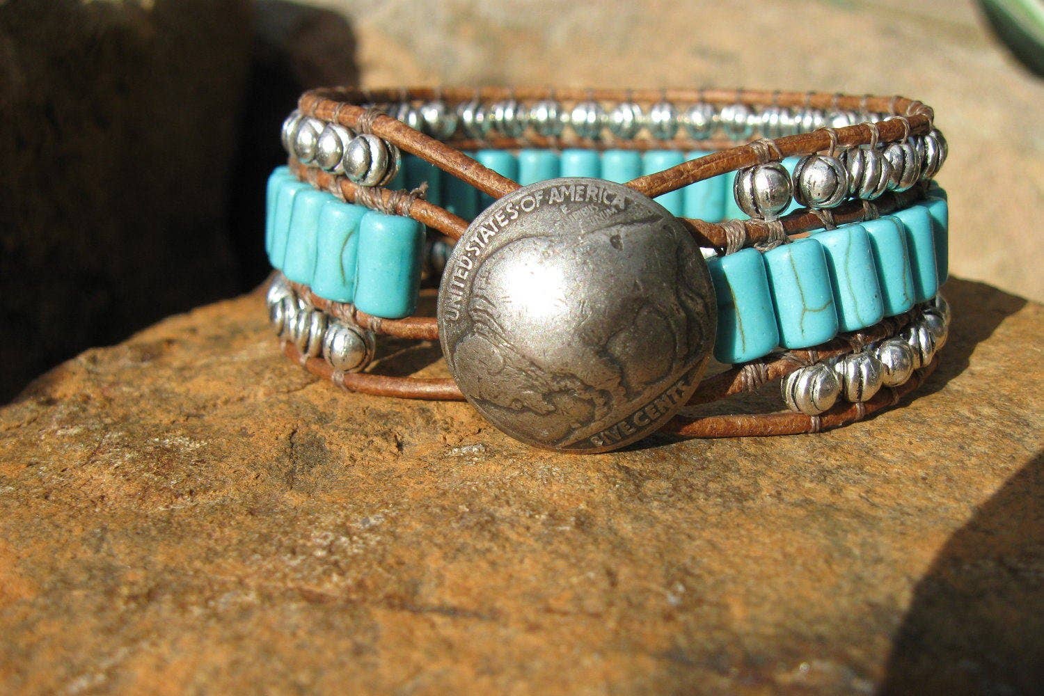 Turquoise And Leather Cuff Bracelet, Western Jewelry