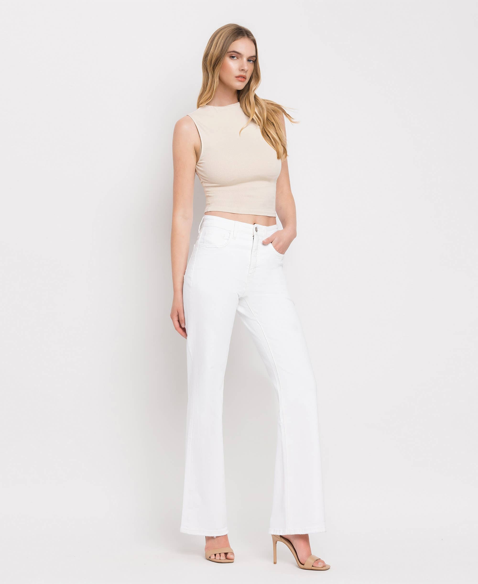 90's Vintage Super High Rise Flare Jeans: Optic White