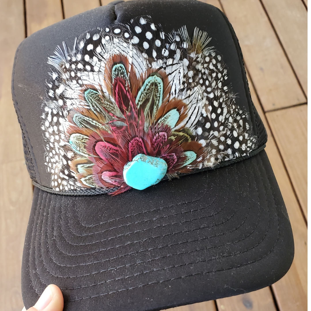 Western Feather Trucker Hat Retro Feather Trucker Hat: Black on black