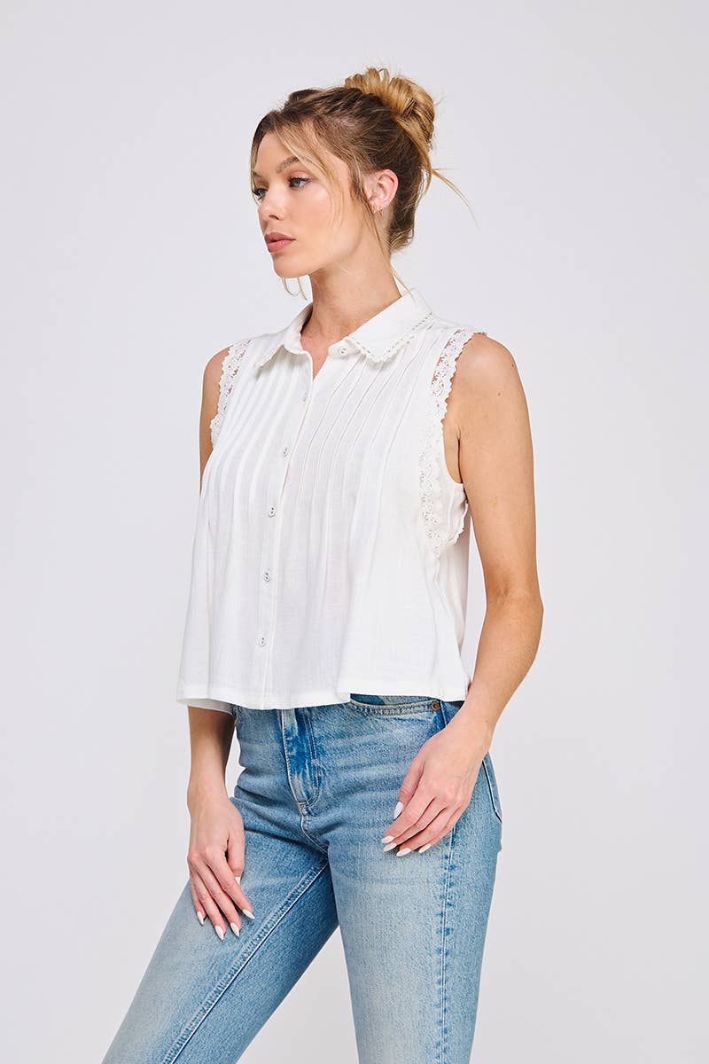 Soft Linen Pintuck Sleeveless Collared Shirt : Natural