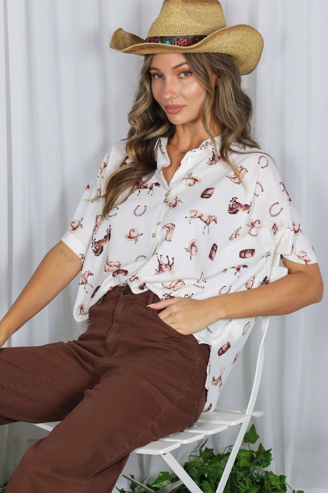 Western-Inspired Collared Button Front Shirt Top Cream/Brown