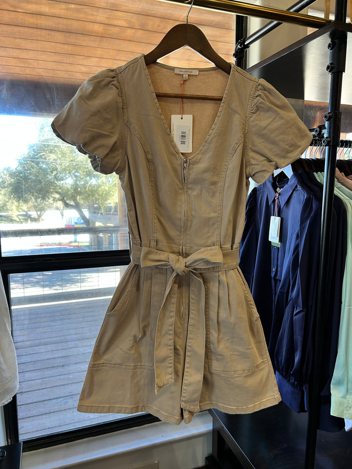 Taupe Washed Zip Up Puff Sleeve