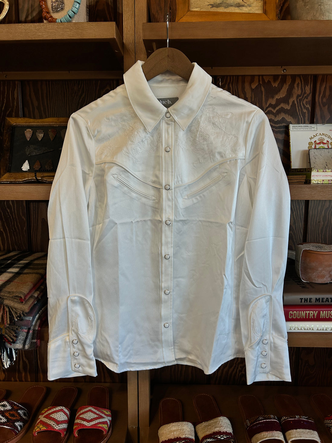 Satin Western Embroidered Snap Shirt - White