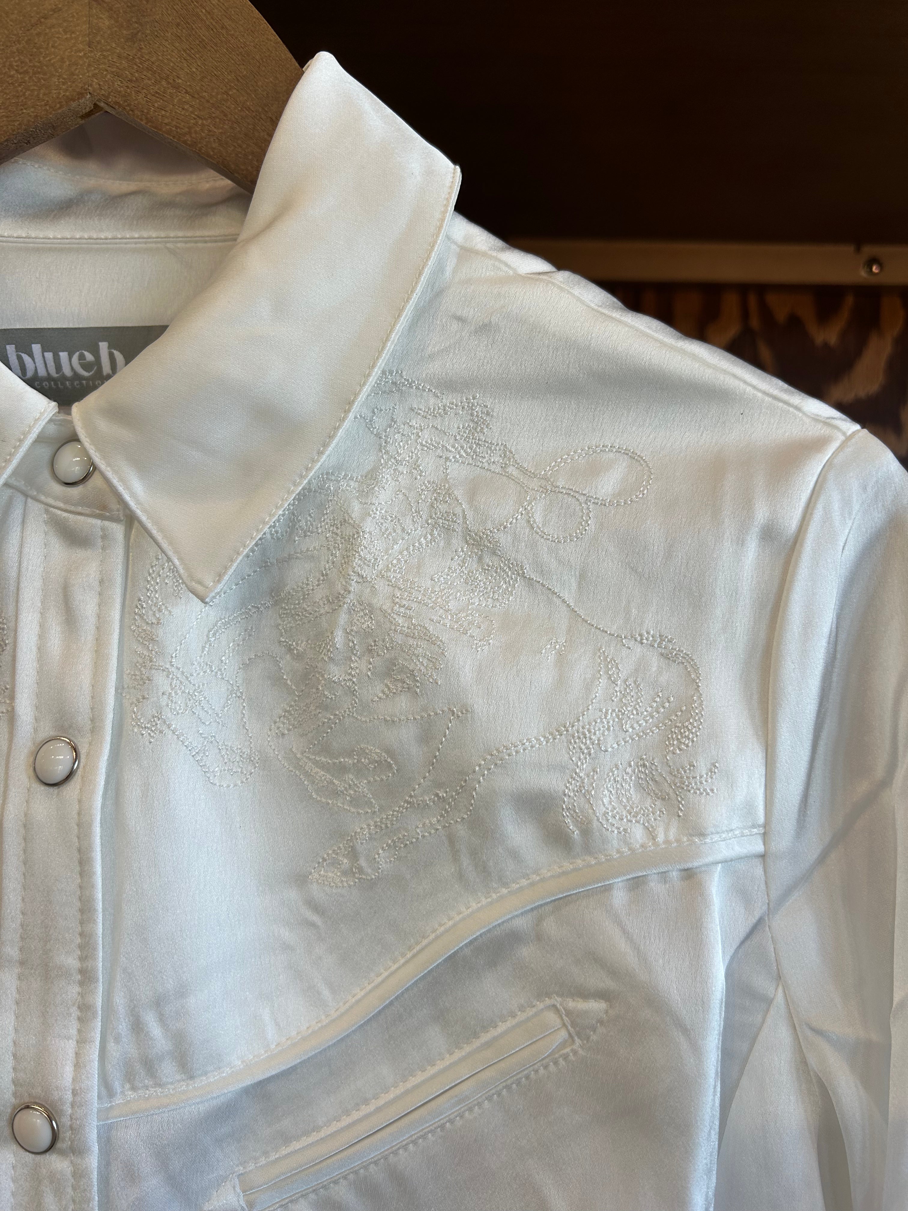 Satin Western Embroidered Snap Shirt - White