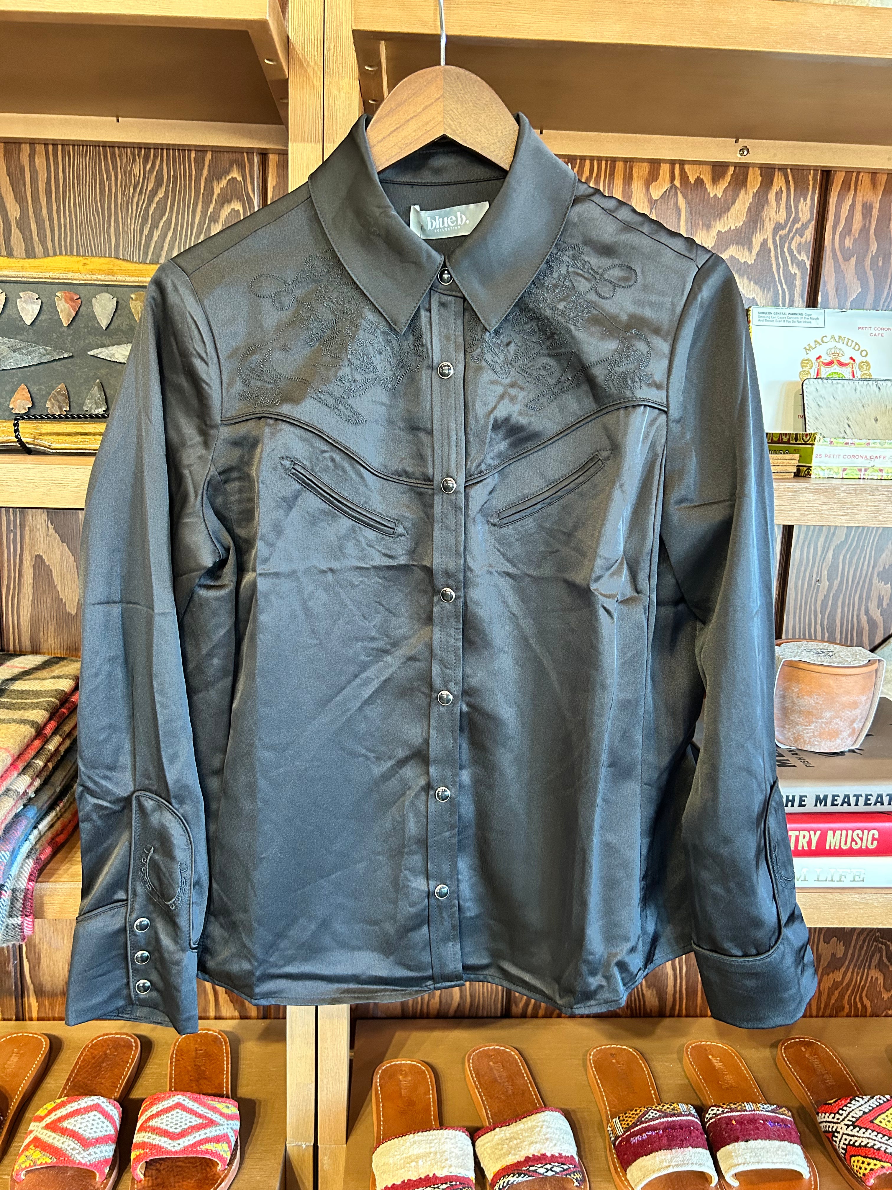 Satin Western Embroidered Snap Shirt - Black