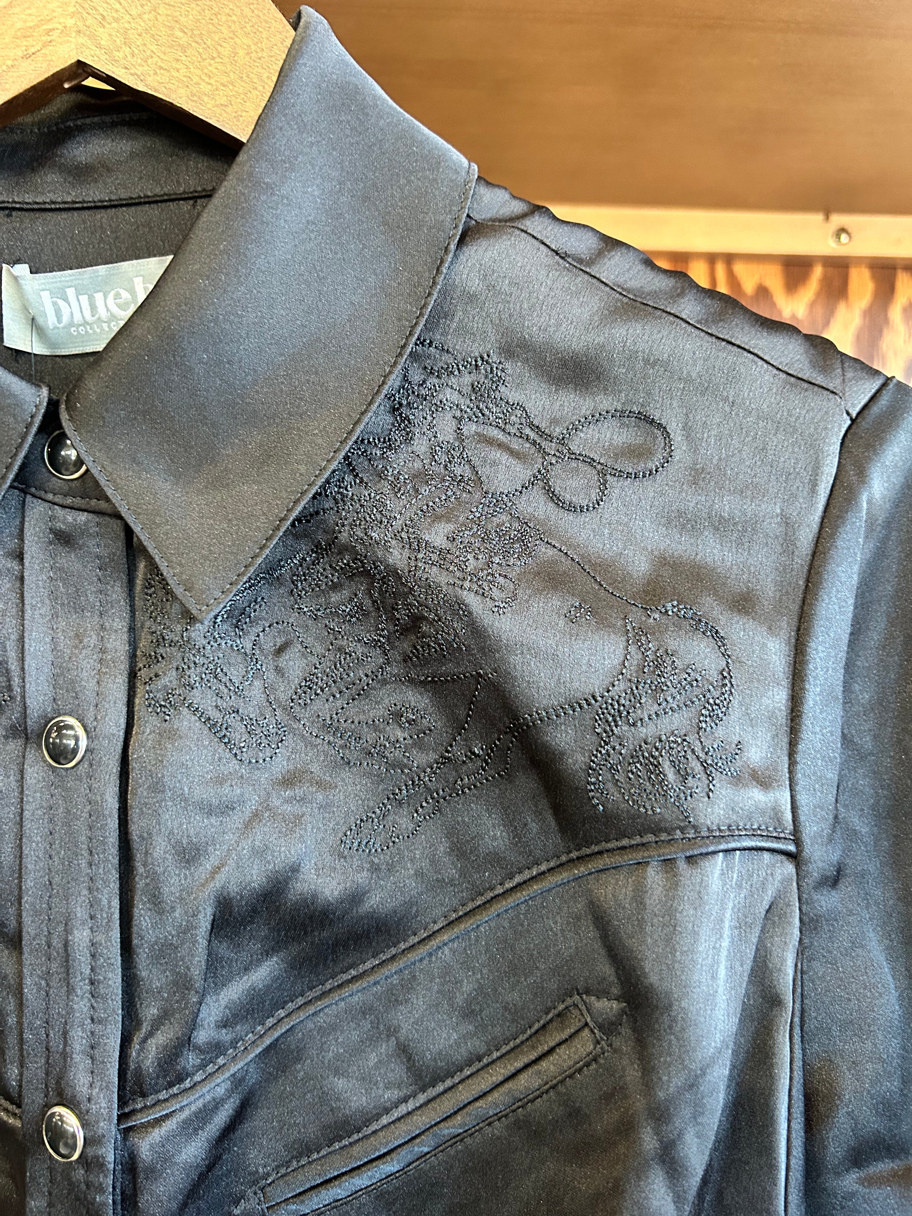Satin Western Embroidered Snap Shirt - Black