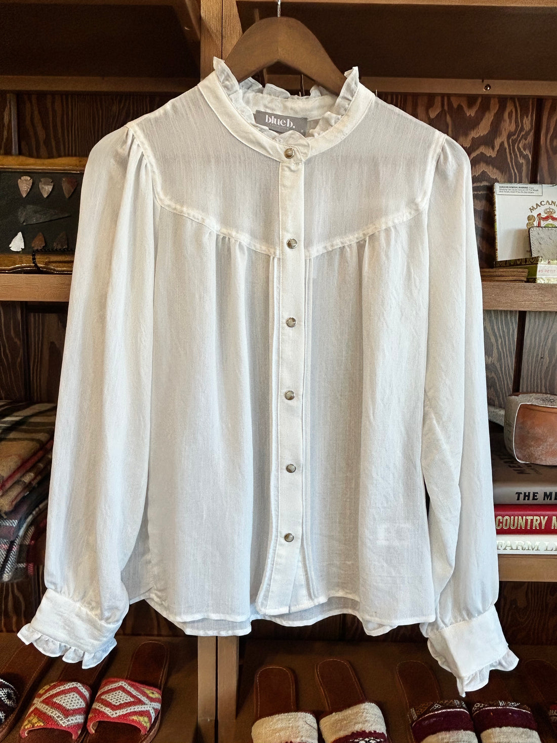 Ruffle Neck Off-White Snap Button Shirt