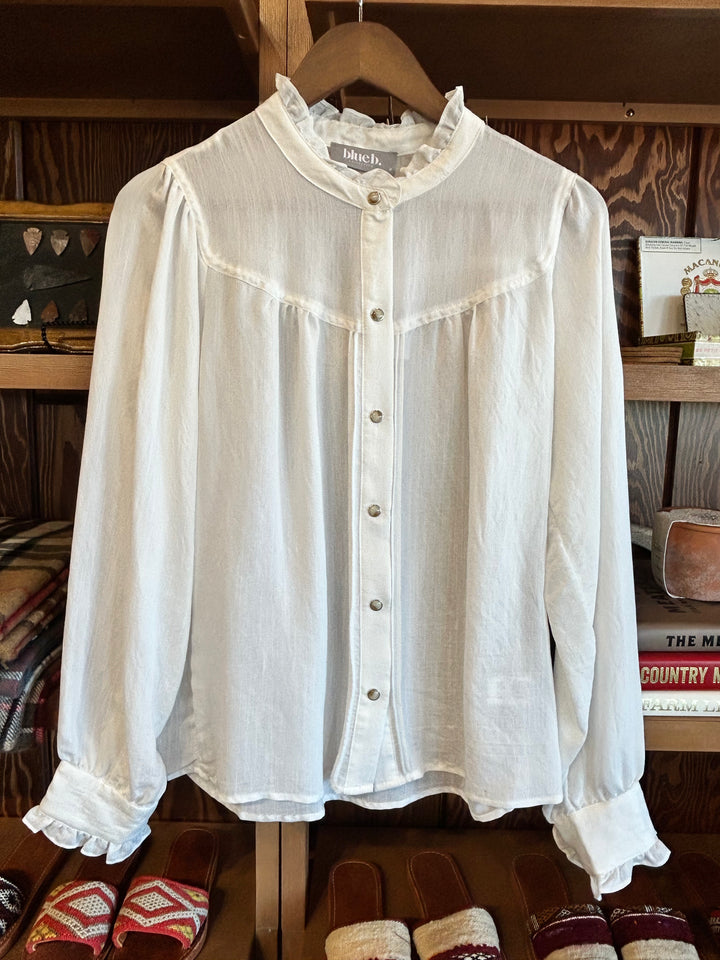 Ruffle Neck Off-White Snap Button Shirt