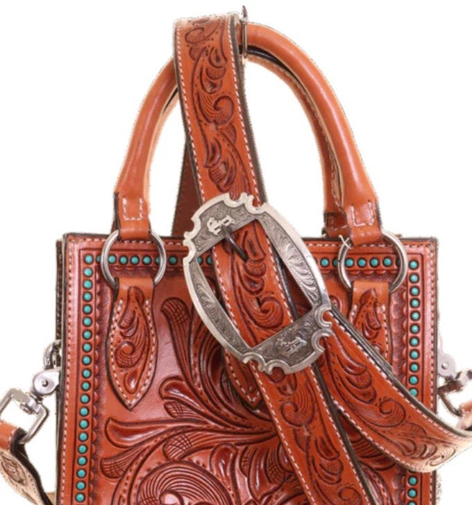 SSQT02 - Chestnut Tooled Small Square Tote