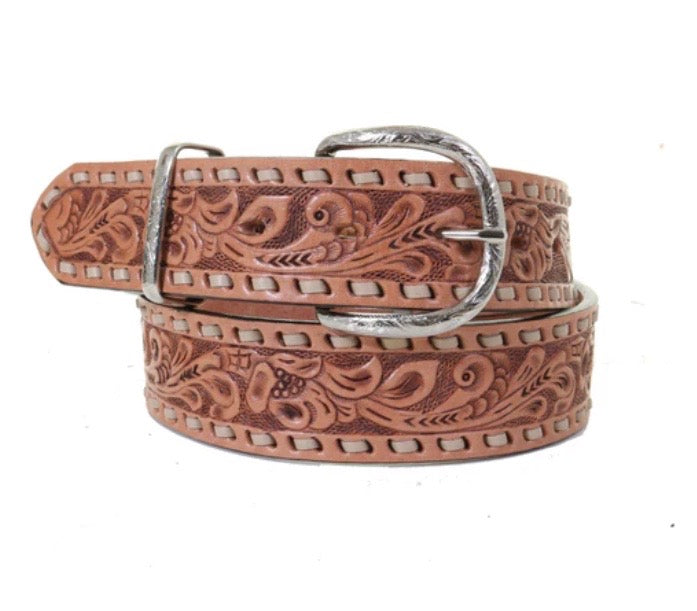 B1158 - Natural Tooled Buckstitched Belt