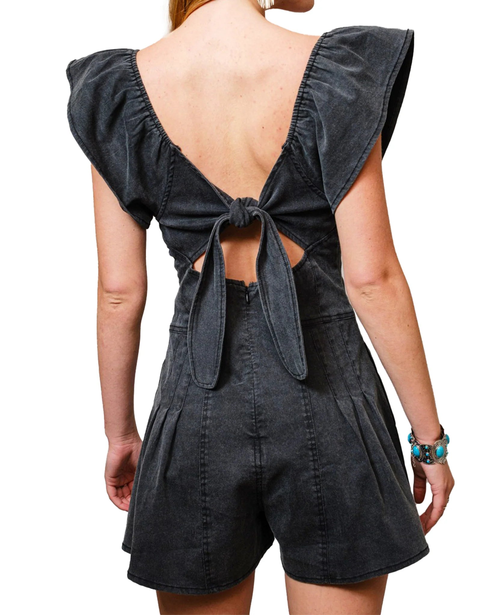 Sweetheart Ruffle Sleeve Denim Romper