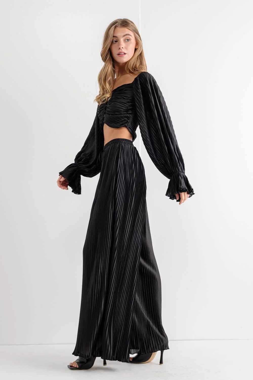 Micro Accordion Pleated Crop Button Up Blouse