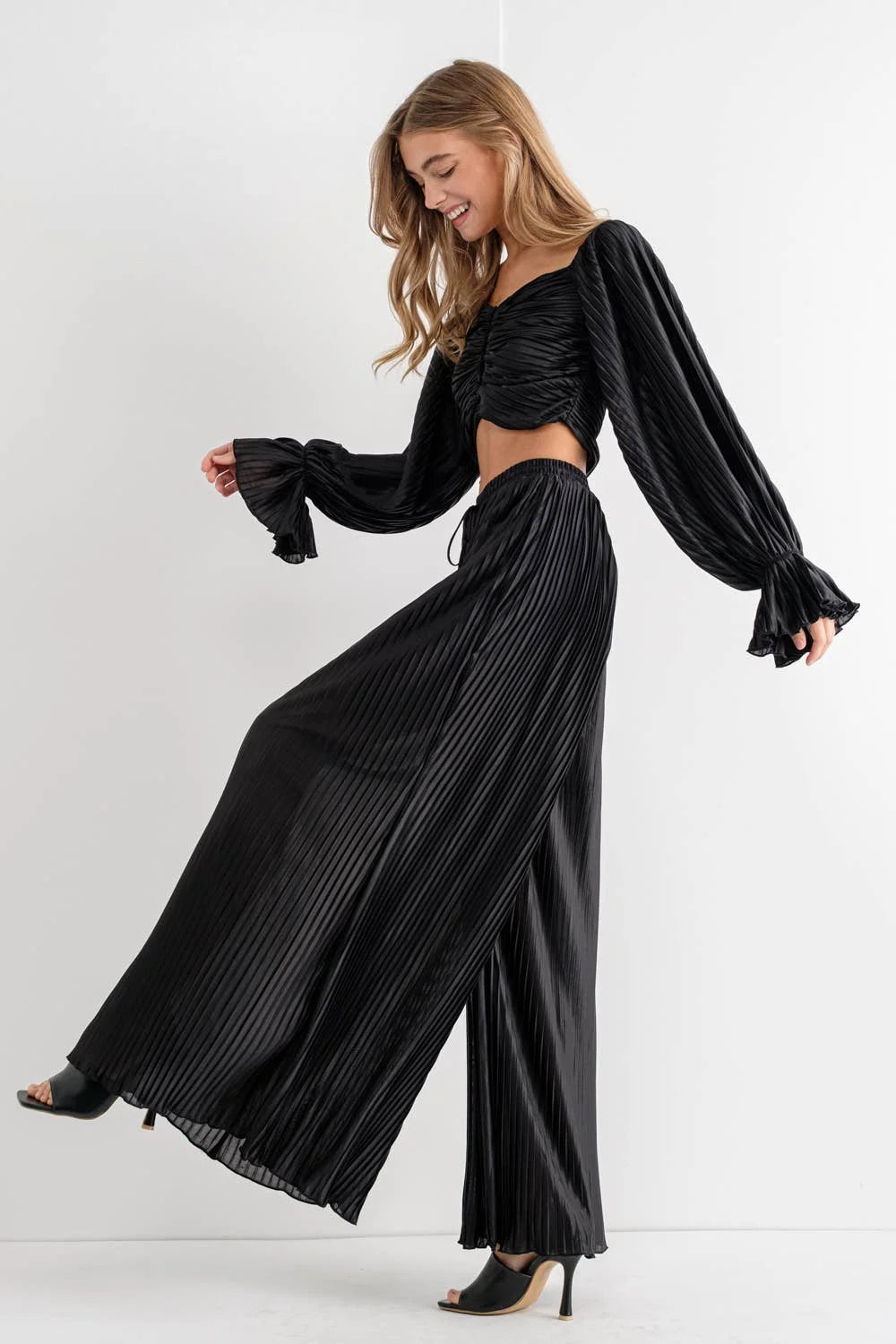 Micro Accordion Pleated Crop Button Up Blouse