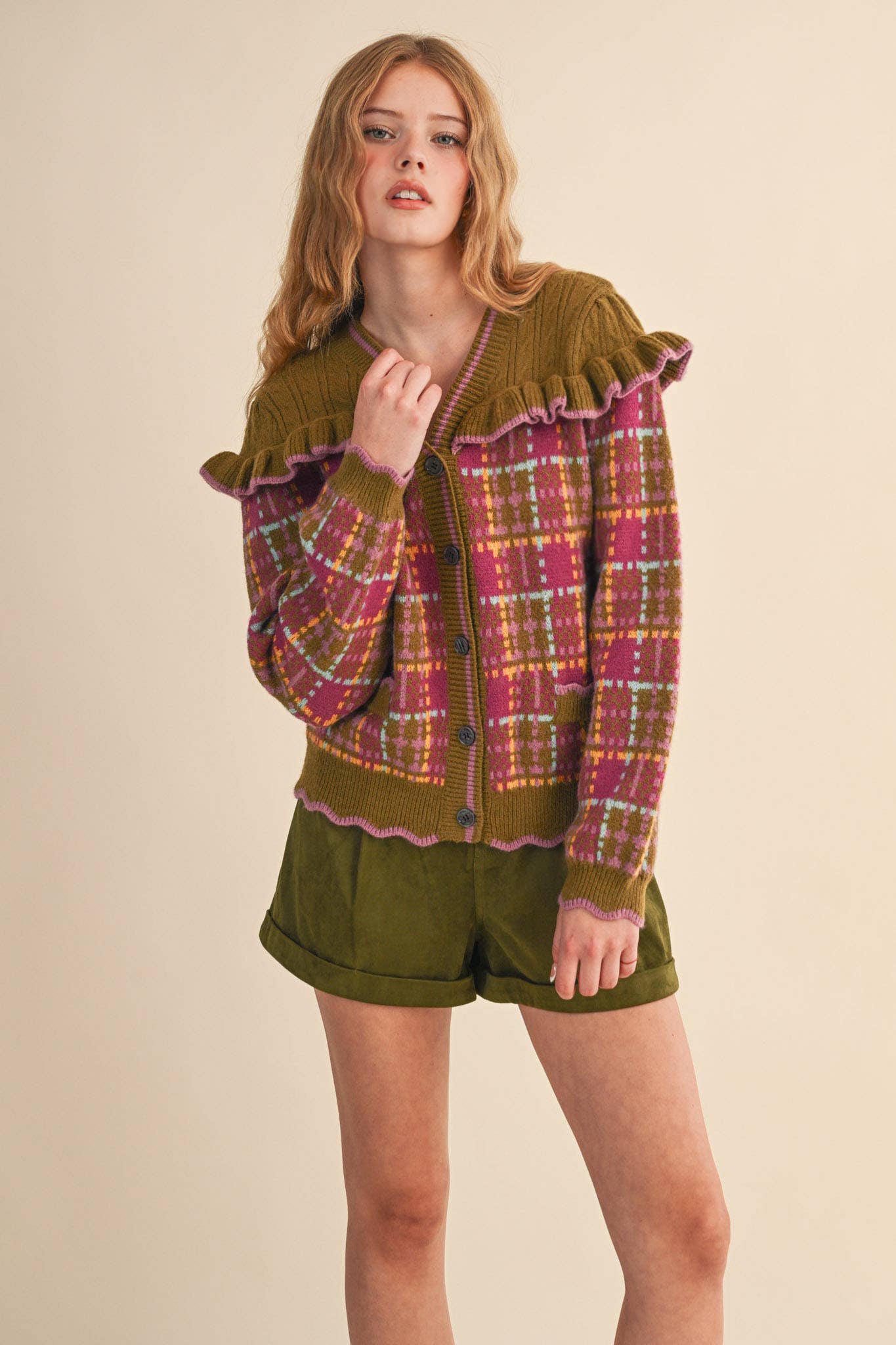 RUFFLED YOKE PLAID SWEATER CARDIGAN